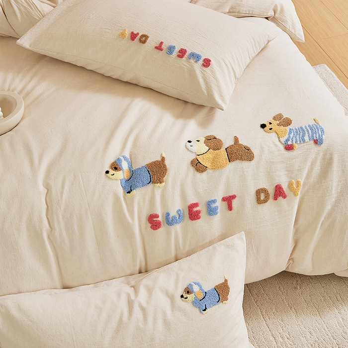 91家纺网 家纺一手货源 找家纺 原研家居 2025新款32支棉麻毛巾绣系列四件套 小时光