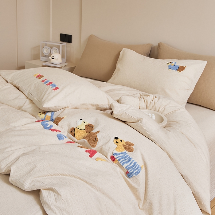 91家纺网 家纺一手货源 找家纺 原研家居 2025新款32支棉麻毛巾绣系列四件套 小时光