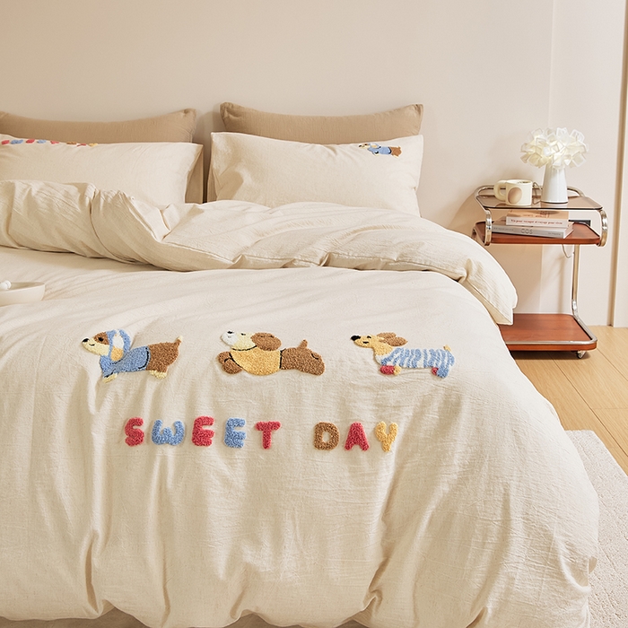 91家纺网 家纺一手货源 找家纺 原研家居 2025新款32支棉麻毛巾绣系列四件套 小时光