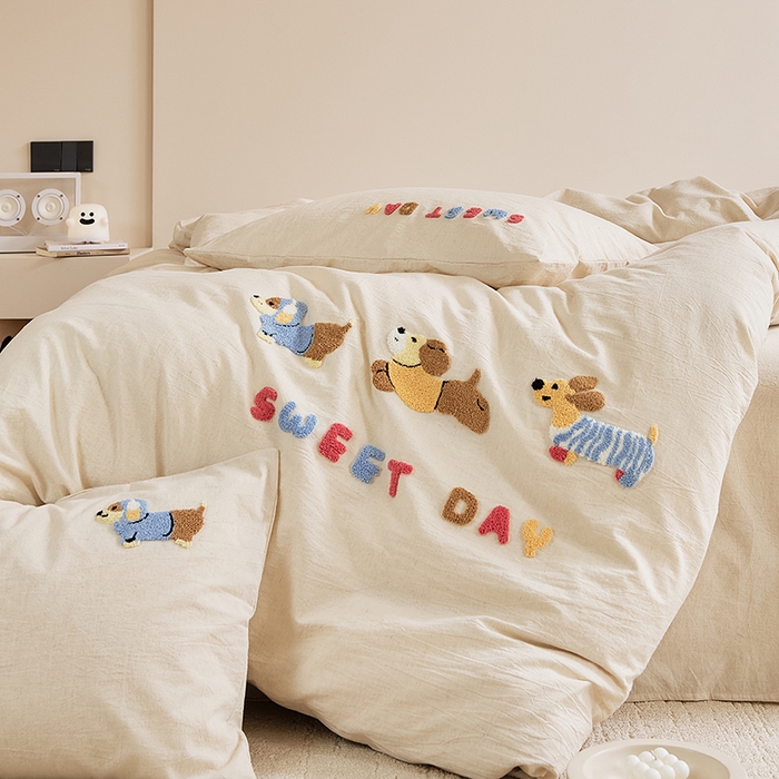 91家纺网 家纺一手货源 找家纺 原研家居 2025新款32支棉麻毛巾绣系列四件套 小时光