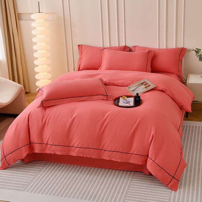 91家纺网 家纺一手货源 找家纺 （总）宇彬家纺 2025新款13374全棉纯棉母婴级轻奢一字绣宽边枕套纯色四件套全棉贡缎