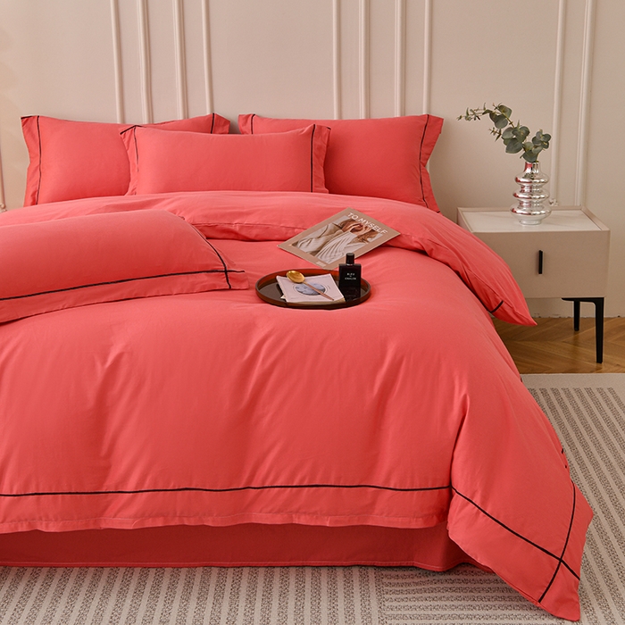 91家纺网 家纺一手货源 找家纺 （总）宇彬家纺 2025新款13374全棉纯棉母婴级轻奢一字绣宽边枕套纯色四件套全棉贡缎