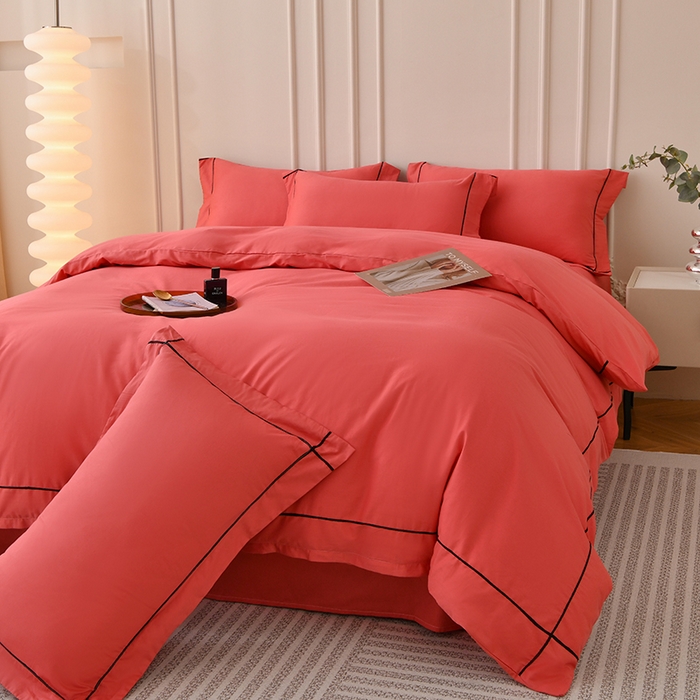 91家纺网 家纺一手货源 找家纺 （总）宇彬家纺 2025新款13374全棉纯棉母婴级轻奢一字绣宽边枕套纯色四件套全棉贡缎