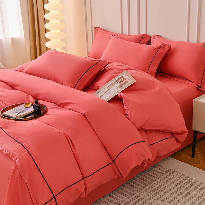 91家纺网 家纺一手货源 找家纺 （总）宇彬家纺 2025新款13374全棉纯棉母婴级轻奢一字绣宽边枕套纯色四件套全棉贡缎