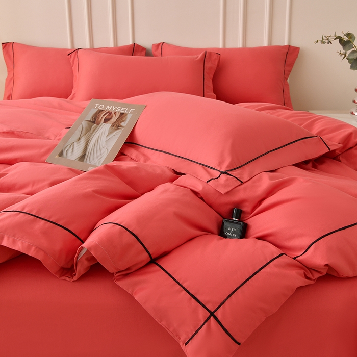 91家纺网 家纺一手货源 找家纺 （总）宇彬家纺 2025新款13374全棉纯棉母婴级轻奢一字绣宽边枕套纯色四件套全棉贡缎