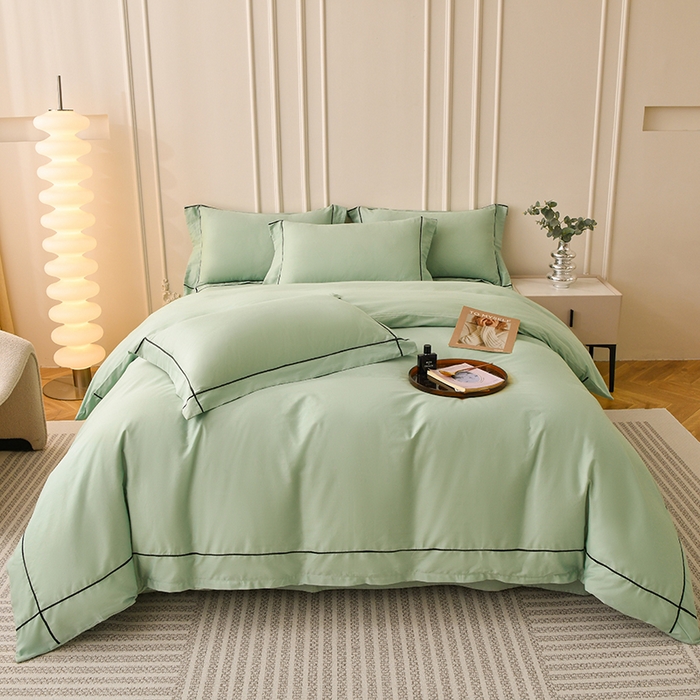 91家纺网 家纺一手货源 找家纺 （总）宇彬家纺 2025新款13374全棉纯棉母婴级轻奢一字绣宽边枕套纯色四件套全棉贡缎