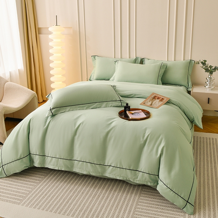 91家纺网 家纺一手货源 找家纺 宇彬家纺 2025新款13374全棉纯棉母婴级轻奢一字绣宽边枕套纯色四件套全棉贡缎 压线-炫彩绿