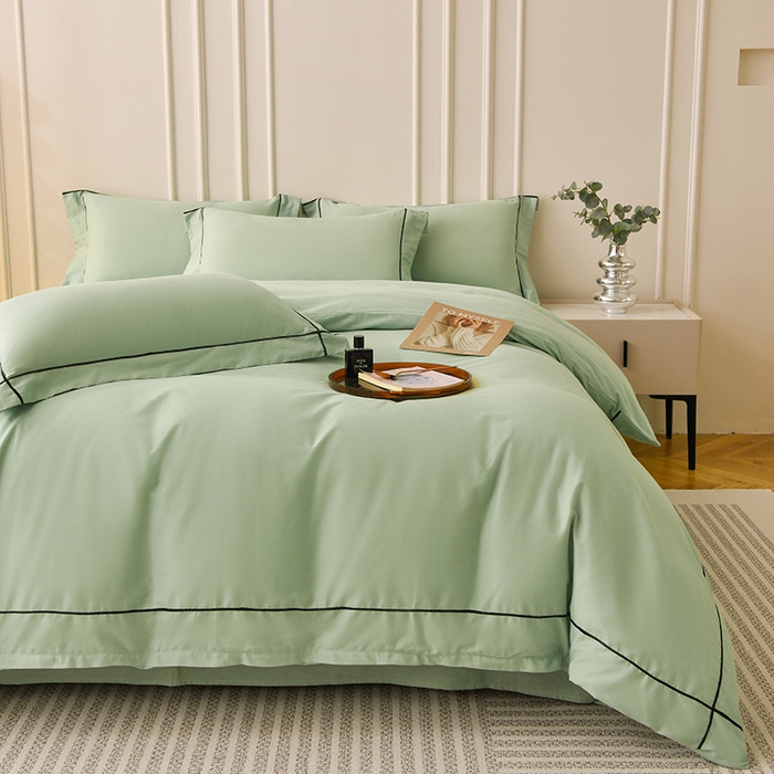 91家纺网 家纺一手货源 找家纺 宇彬家纺 2025新款13374全棉纯棉母婴级轻奢一字绣宽边枕套纯色四件套全棉贡缎 压线-炫彩绿