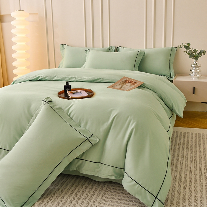91家纺网 家纺一手货源 找家纺 宇彬家纺 2025新款13374全棉纯棉母婴级轻奢一字绣宽边枕套纯色四件套全棉贡缎 压线-炫彩绿