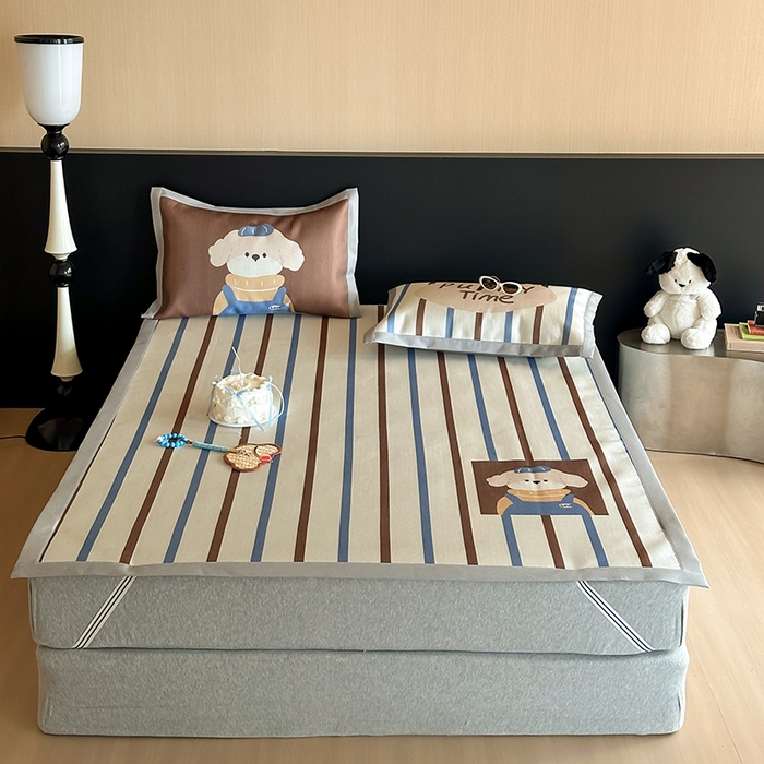 圆岛家纺 2025春夏新款高克重900D冰丝凉席席子 条纹萌犬