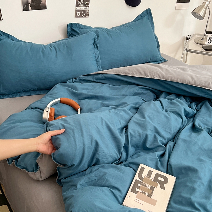 91家纺网 家纺一手货源 找家纺 贝拉梦家纺 2025新款纯色磨毛双拼亲肤棉四件套 蓝色星河