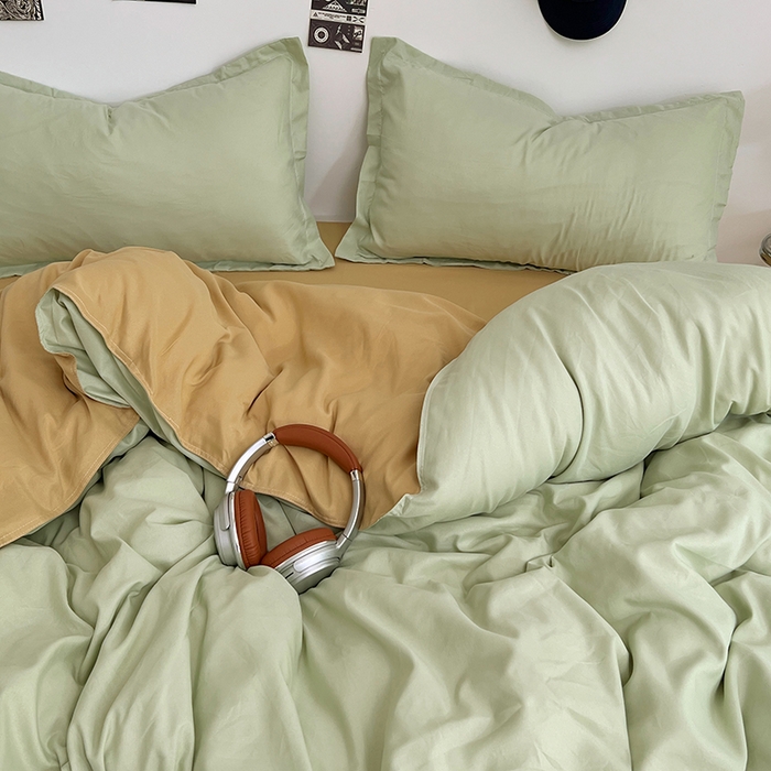 91家纺网 家纺一手货源 找家纺 贝拉梦家纺 2025新款纯色磨毛双拼亲肤棉四件套 半熟青柠