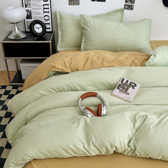 91家纺网 家纺一手货源 找家纺 贝拉梦家纺 2025新款纯色磨毛双拼亲肤棉四件套 半熟青柠