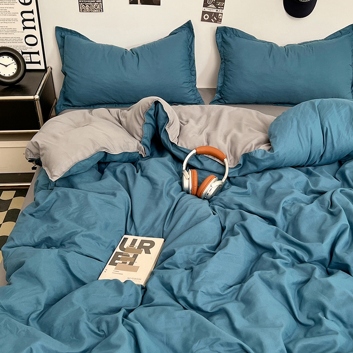 91家纺网 家纺一手货源 找家纺 贝拉梦家纺 2025新款纯色磨毛双拼亲肤棉四件套 蓝色星河