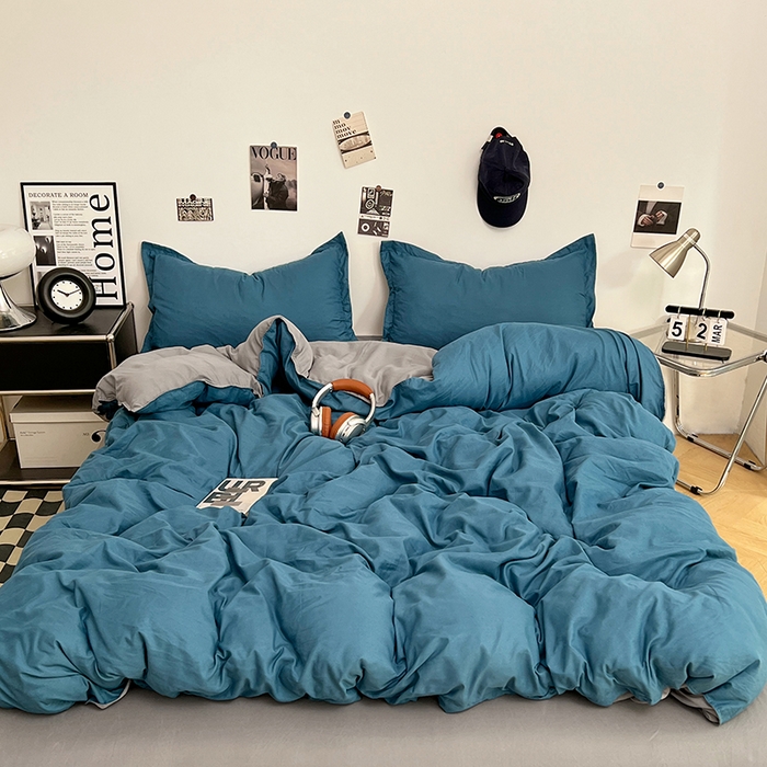 91家纺网 家纺一手货源 找家纺 贝拉梦家纺 2025新款纯色磨毛双拼亲肤棉四件套 蓝色星河