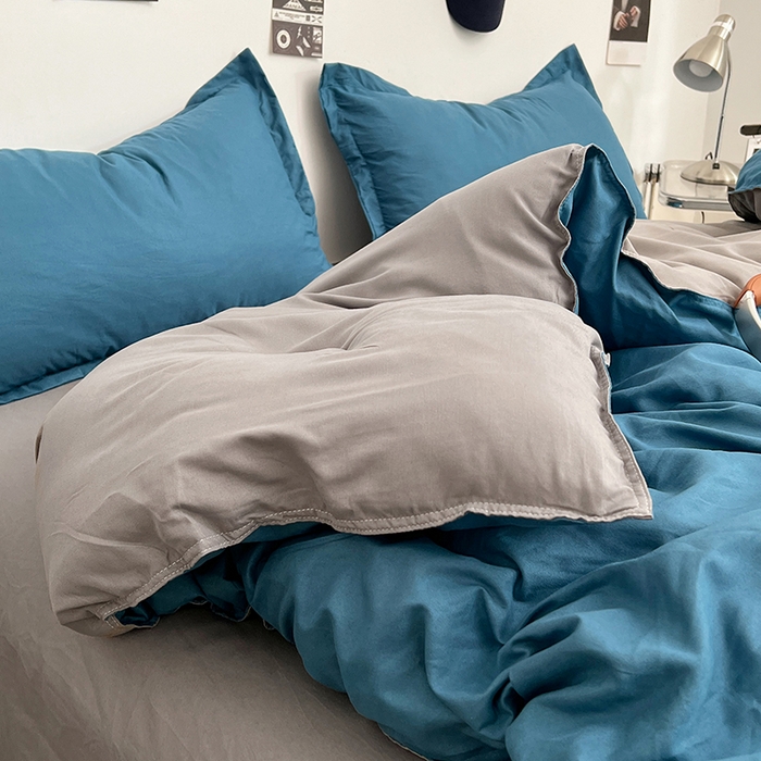 91家纺网 家纺一手货源 找家纺 贝拉梦家纺 2025新款纯色磨毛双拼亲肤棉四件套 蓝色星河