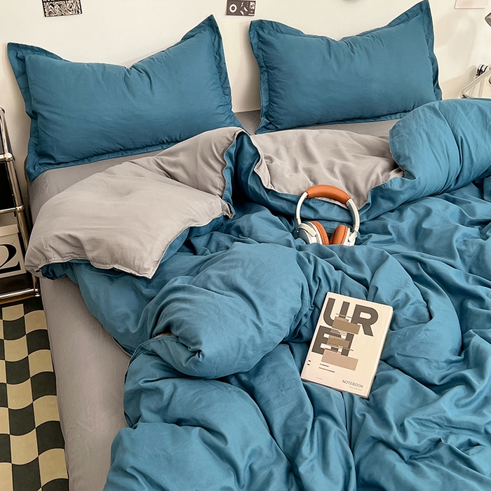 91家纺网 家纺一手货源 找家纺 贝拉梦家纺 2025新款纯色磨毛双拼亲肤棉四件套 蓝色星河