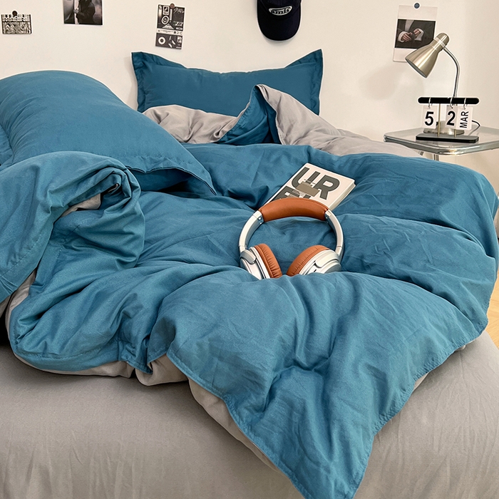 91家纺网 家纺一手货源 找家纺 贝拉梦家纺 2025新款纯色磨毛双拼亲肤棉四件套 蓝色星河