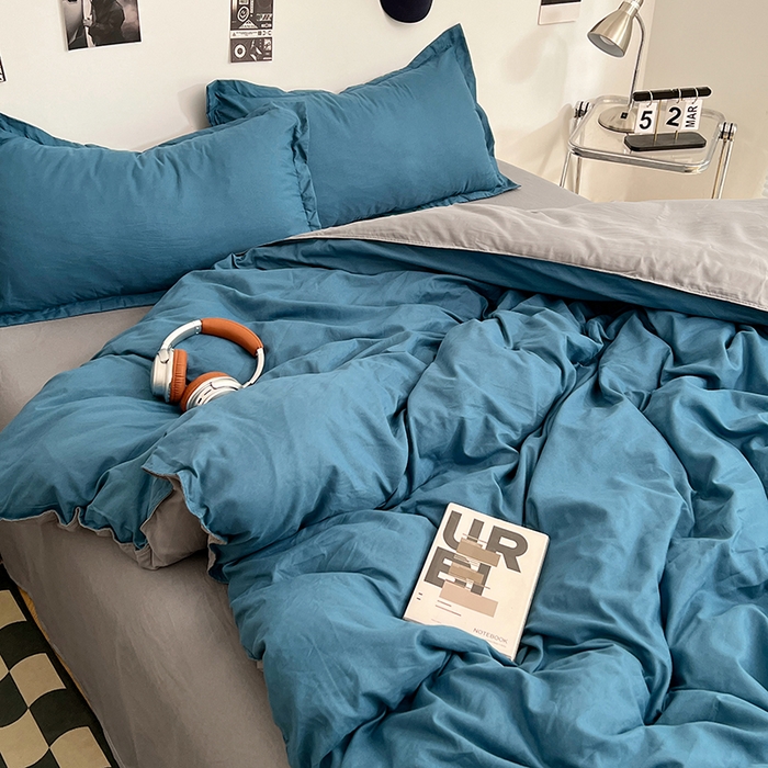 91家纺网 家纺一手货源 找家纺 贝拉梦家纺 2025新款纯色磨毛双拼亲肤棉四件套 蓝色星河