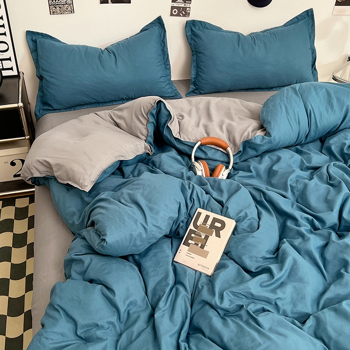 91家纺网 家纺一手货源 找家纺 贝拉梦家纺 2025新款纯色磨毛双拼亲肤棉四件套 蓝色星河