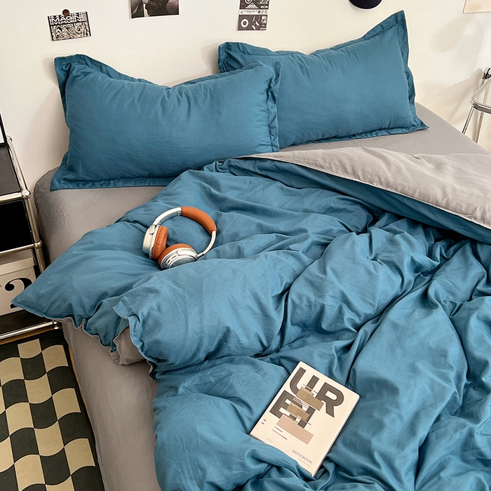 91家纺网 家纺一手货源 找家纺 贝拉梦家纺 2025新款纯色磨毛双拼亲肤棉四件套 蓝色星河