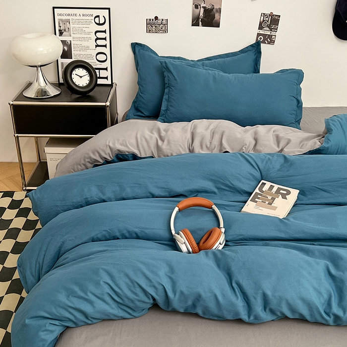 91家纺网 家纺一手货源 找家纺 贝拉梦家纺 2025新款纯色磨毛双拼亲肤棉四件套 蓝色星河