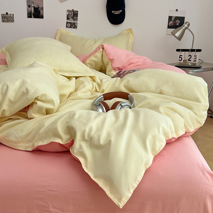 91家纺网 家纺一手货源 找家纺 贝拉梦家纺 2025新款纯色磨毛双拼亲肤棉四件套 奶油香草