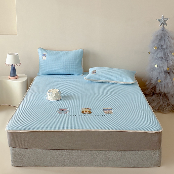 圆岛家纺 2025夏季高分子PE华夫格刺绣软凉席床笠款三件套 趴趴乐园