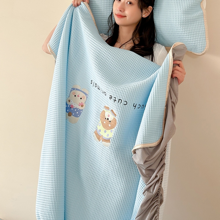 91家纺网 家纺一手货源 找家纺 圆岛家纺 2025夏季高分子PE华夫格刺绣软凉席床笠款三件套 趴趴乐园