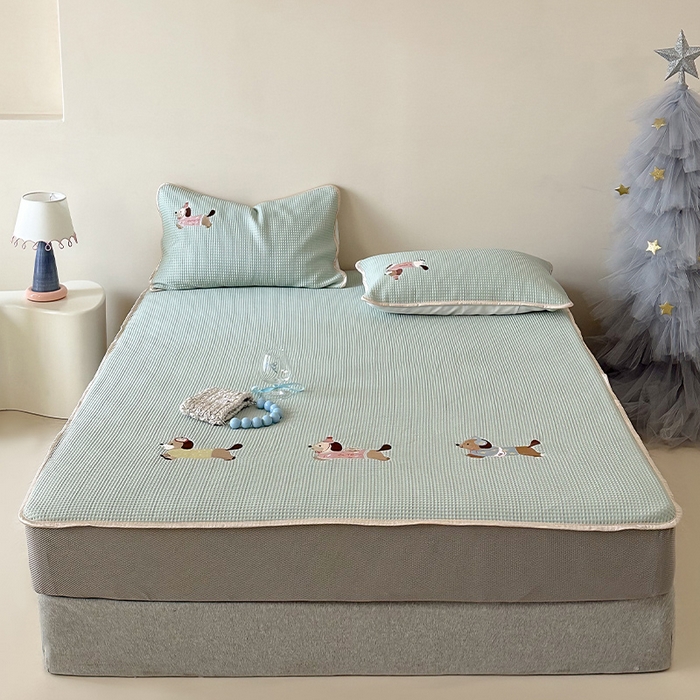 （总）圆岛家纺 2025夏季高分子PE华夫格刺绣软凉席床笠款三件套