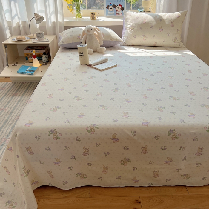 91家纺网 家纺一手货源 找家纺 六巷胡同 2025新款40s13070全棉纯棉卡通单品系列床单单件-单床单 假日庄园兔