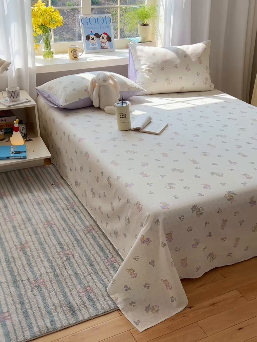 91家纺网 家纺一手货源 找家纺 六巷胡同 2025新款40s13070全棉纯棉卡通单品系列床单单件-单床单 假日庄园兔