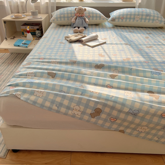 91家纺网 家纺一手货源 找家纺 六巷胡同 2025新款40s13070全棉纯棉卡通单品系列床单单件-单床单 蓝格奶油狗