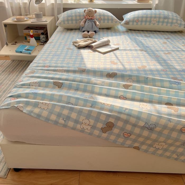 91家纺网 家纺一手货源 找家纺 六巷胡同 2025新款40s13070全棉纯棉卡通单品系列床单单件-单床单 蓝格奶油狗