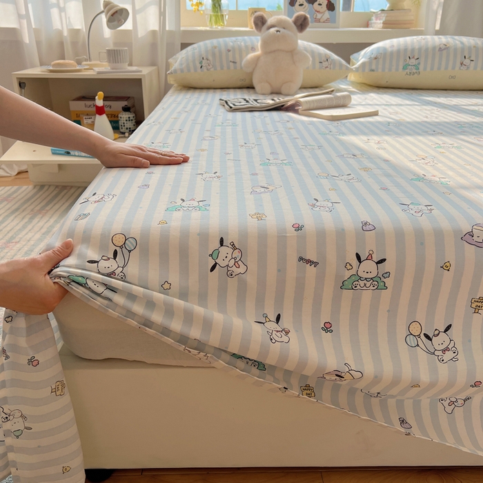 91家纺网 家纺一手货源 找家纺 六巷胡同 2025新款40s13070全棉纯棉卡通单品系列床单单件-单床单 蓝条努比犬