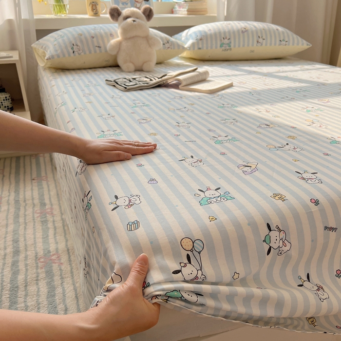 91家纺网 家纺一手货源 找家纺 六巷胡同 2025新款40s13070全棉纯棉卡通单品系列床单单件-单床单 蓝条努比犬