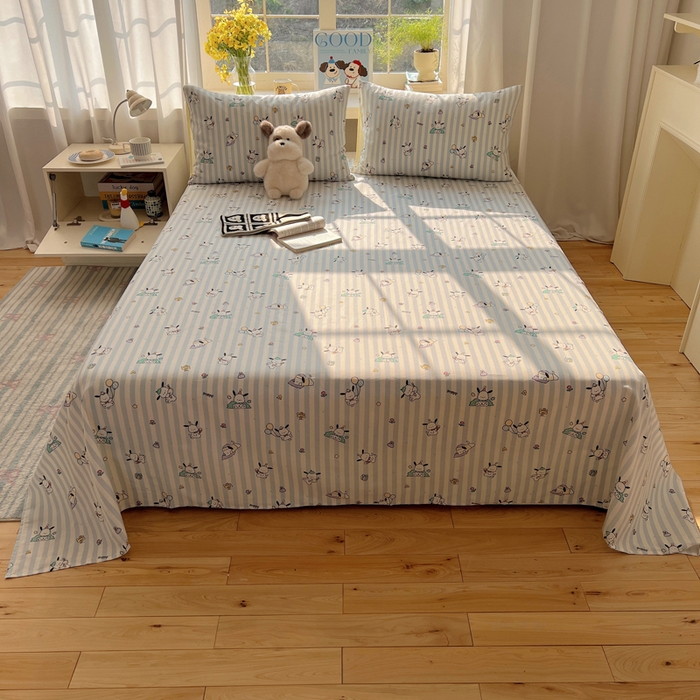 91家纺网 家纺一手货源 找家纺 六巷胡同 2025新款40s13070全棉纯棉卡通单品系列床单单件-单床单 蓝条努比犬