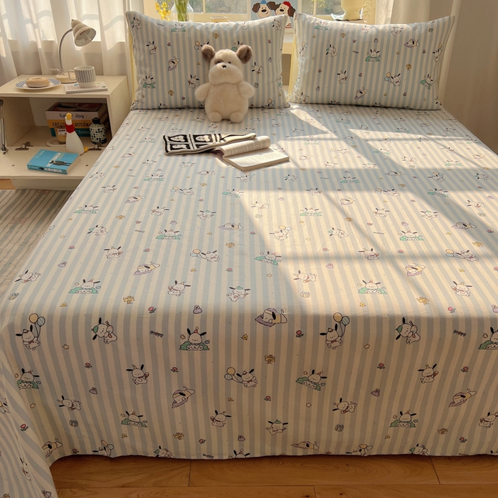 91家纺网 家纺一手货源 找家纺 六巷胡同 2025新款40s13070全棉纯棉卡通单品系列床单单件-单床单 蓝条努比犬