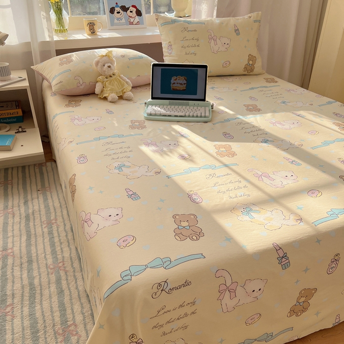 91家纺网 家纺一手货源 找家纺 六巷胡同 2025新款40s13070全棉纯棉卡通单品系列床单单件-单床单 猫咪甜甜圈