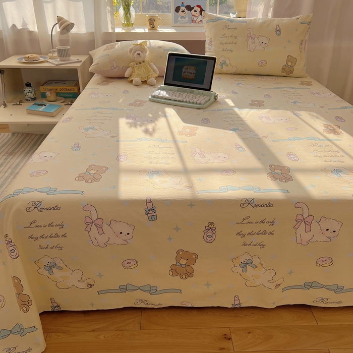 91家纺网 家纺一手货源 找家纺 六巷胡同 2025新款40s13070全棉纯棉卡通单品系列床单单件-单床单 猫咪甜甜圈