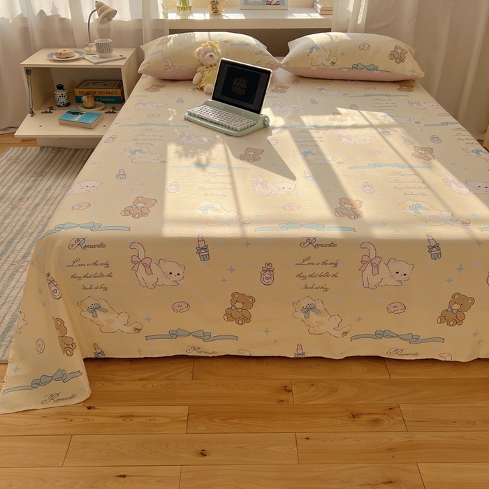 91家纺网 家纺一手货源 找家纺 六巷胡同 2025新款40s13070全棉纯棉卡通单品系列床单单件-单床单 猫咪甜甜圈