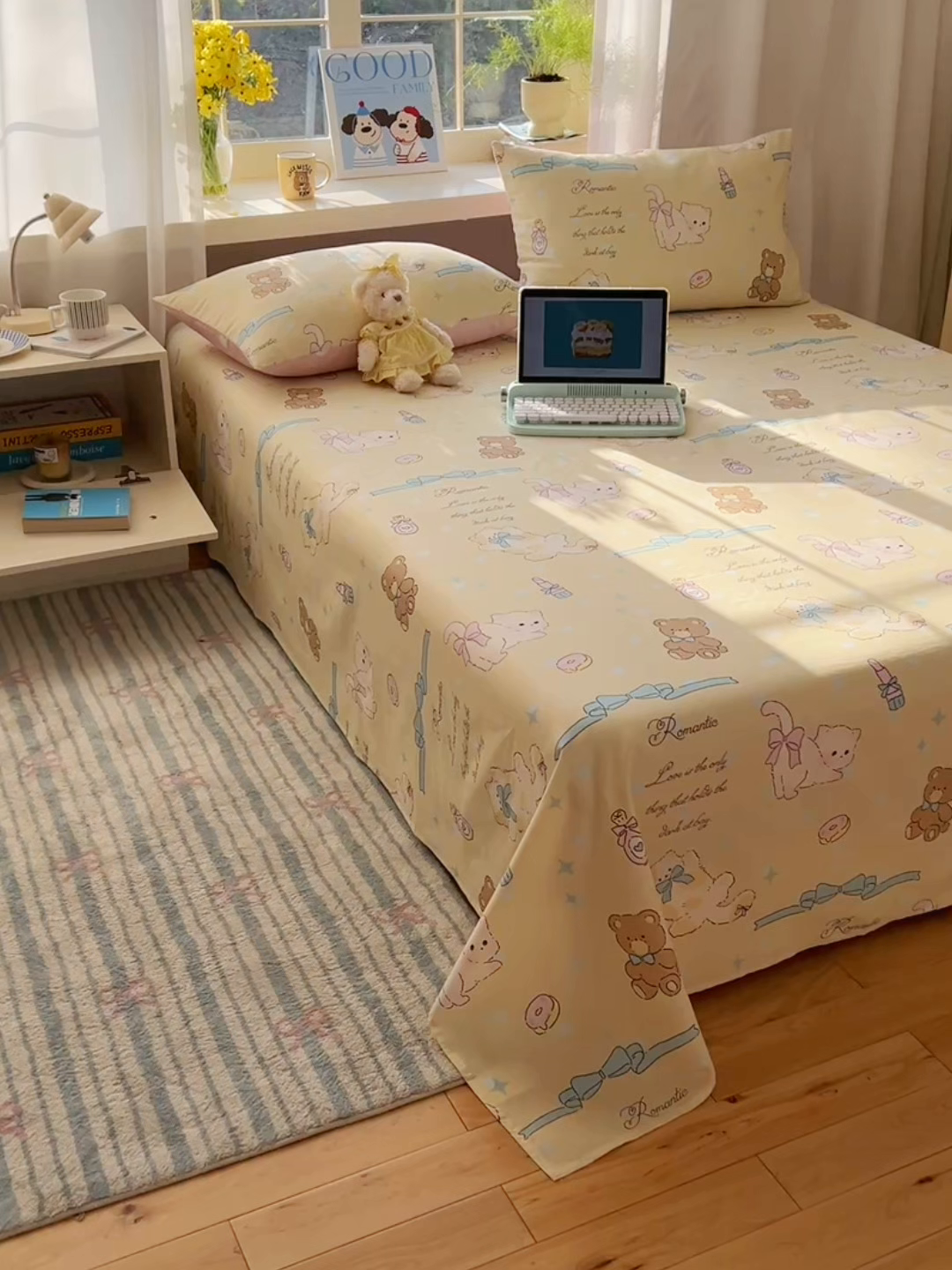 91家纺网 家纺一手货源 找家纺 六巷胡同 2025新款40s13070全棉纯棉卡通单品系列床单单件-单床单 猫咪甜甜圈