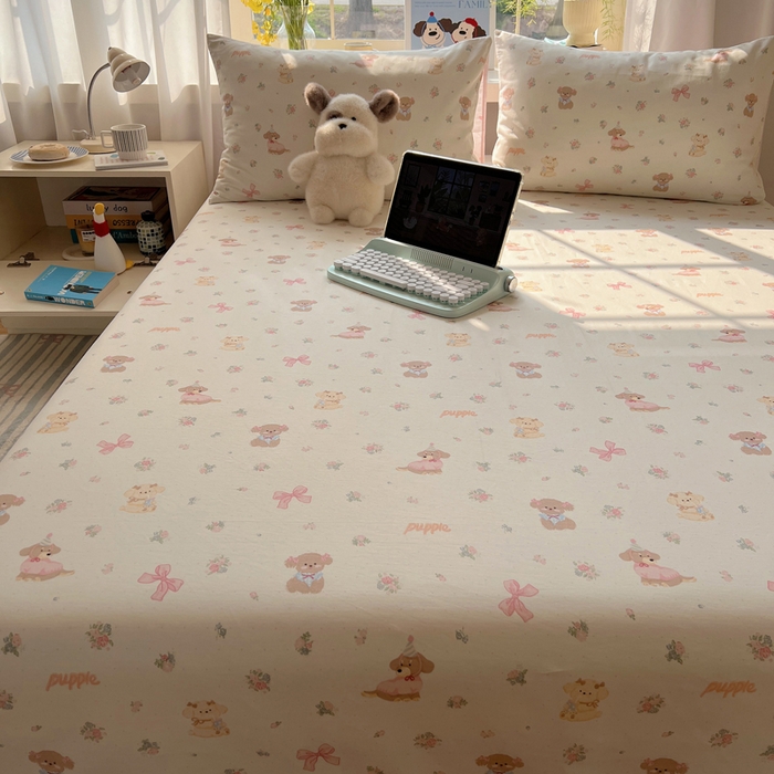 91家纺网 家纺一手货源 找家纺 六巷胡同 2025新款40s13070全棉纯棉卡通单品系列床单单件-单床单 派对害羞狗