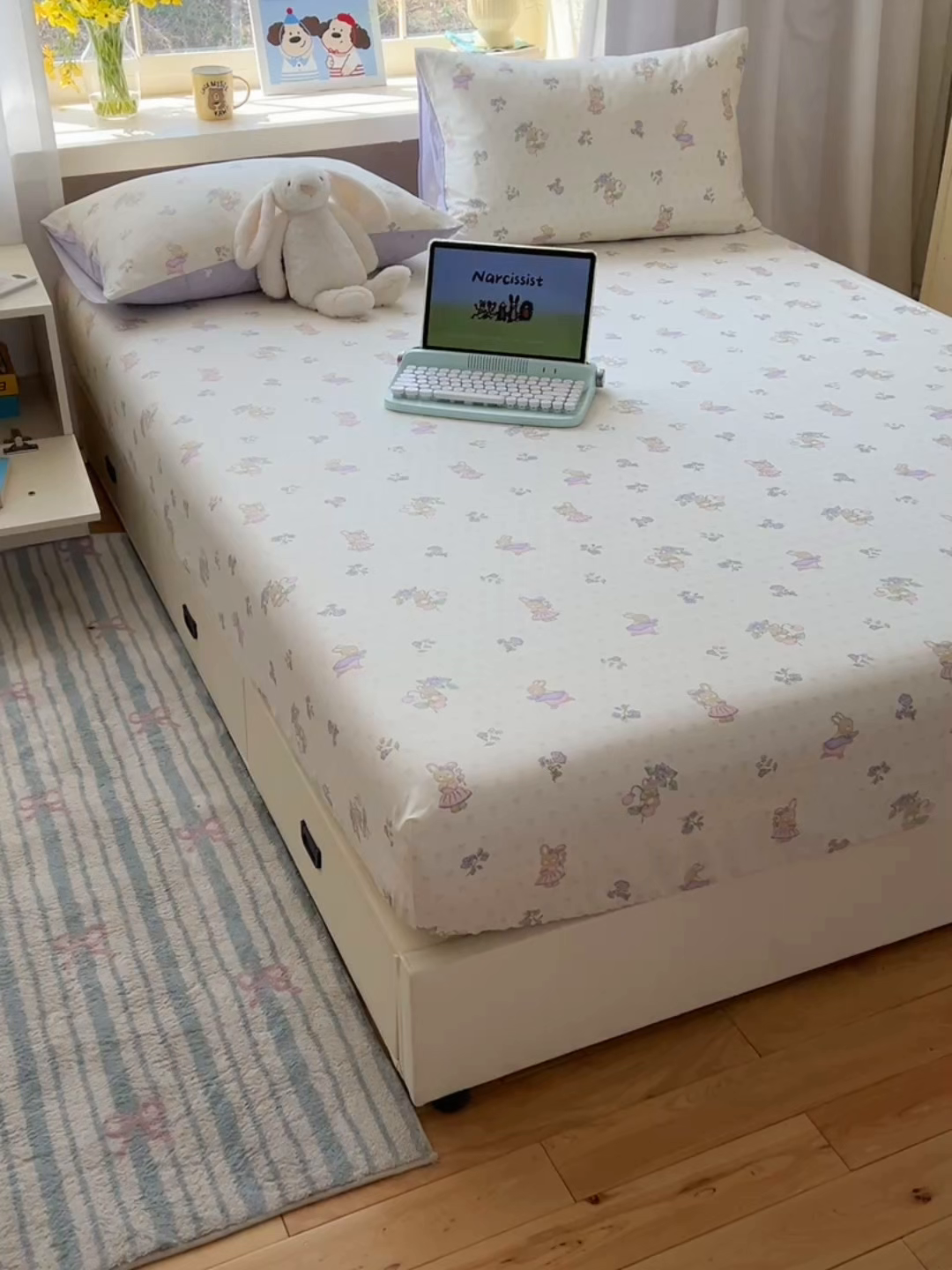 91家纺网 家纺一手货源 找家纺 六巷胡同 2025新款40s13070全棉纯棉卡通单品系列床笠单件-单床笠 假日庄园兔