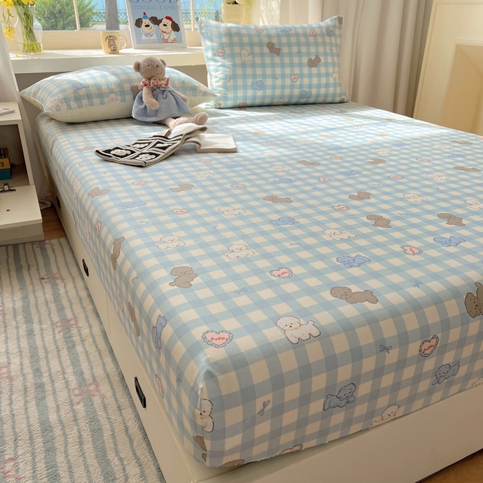 六巷胡同 2025新款40s13070全棉纯棉卡通单品系列床笠单件-单床笠 蓝格奶油狗