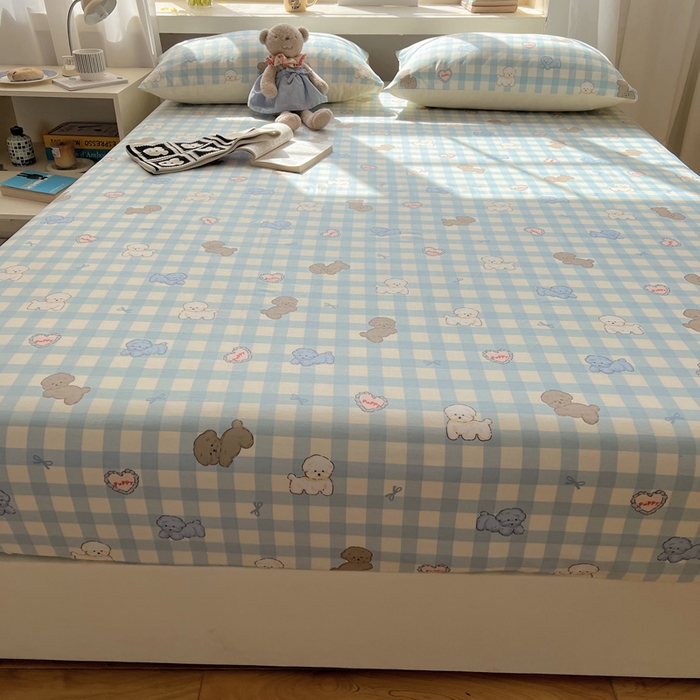 91家纺网 家纺一手货源 找家纺 六巷胡同 2025新款40s13070全棉纯棉卡通单品系列床笠单件-单床笠 蓝格奶油狗