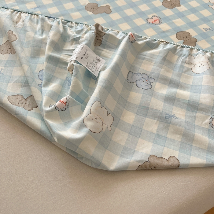 91家纺网 家纺一手货源 找家纺 六巷胡同 2025新款40s13070全棉纯棉卡通单品系列床笠单件-单床笠 蓝格奶油狗