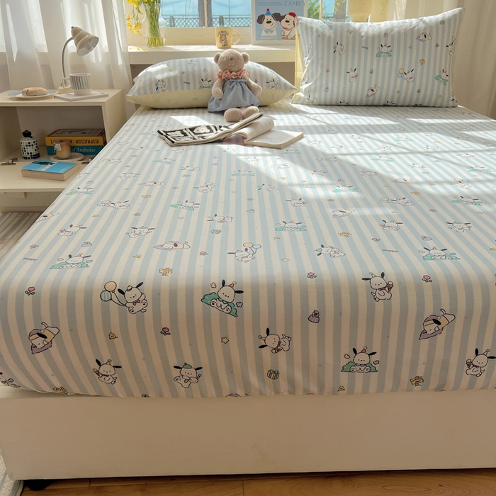 91家纺网 家纺一手货源 找家纺 六巷胡同 2025新款40s13070全棉纯棉卡通单品系列床笠单件-单床笠 蓝条努比犬