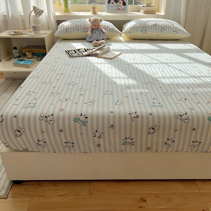 91家纺网 家纺一手货源 找家纺 六巷胡同 2025新款40s13070全棉纯棉卡通单品系列床笠单件-单床笠 蓝条努比犬