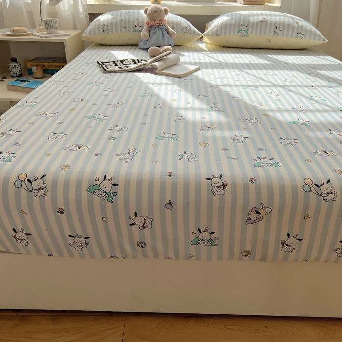 91家纺网 家纺一手货源 找家纺 六巷胡同 2025新款40s13070全棉纯棉卡通单品系列床笠单件-单床笠 蓝条努比犬